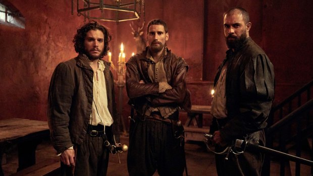 Gunpowder featuring Robert Catesby (Kit Harington), Thomas Wintour (Edward Holcroft) and Guy Fawkes (Tom Cullen).