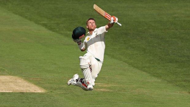 David Warner celebrates reaching his century on day three of the second Test.