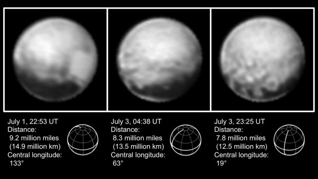 This combination of images from July 1 to July 3 provided by NASA shows Pluto at different distances from the New Horizons spacecraft. 