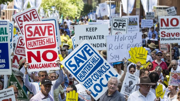 People rally in Martin Place against the amalgamation of local councils in November last year.