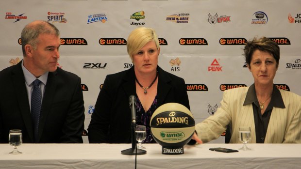 Basketball Australia competitions manager Paul Maley, new head of WNBL Sally Phillips and high performance general manager Jan Stirling on Tuesday.