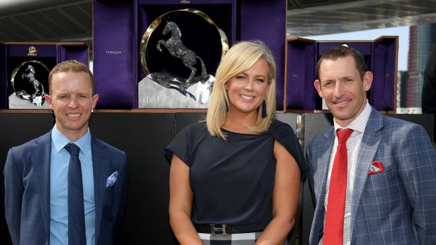Trophy hunters: Jockeys Kerrin McEvoy (left) and Hugh Bowman shared the spotlight with Samantha Armytage at the unveiling of the Everest trophy.