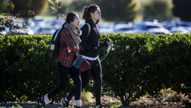 Students leave the University of California, Merced campus after it was placed on lockdown following a stabbing.