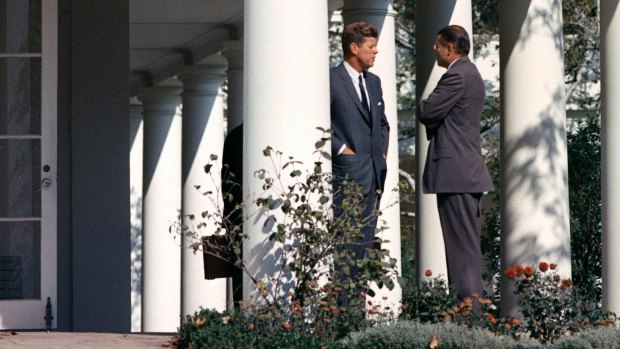 US President John Kennedy (left) confers with Secretary of Defence Robert McNamara at the height of the Cuban missile crisis. 