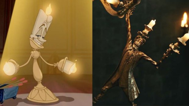 Lumiere in the original <i>Beauty and the Beast</i> (L) and the remake (R).
