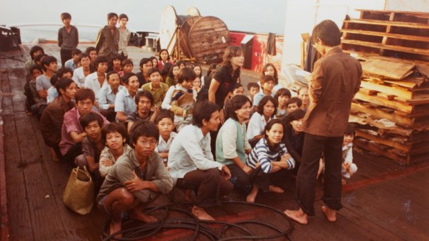 A group of Vietnamese boat people who were rescued from a leaky boat en route to Australia.