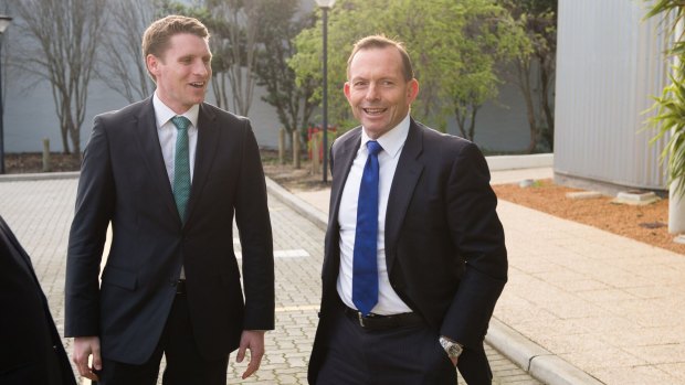 The Liberal Democrats will preference Labor's candidate in Canning ahead of the Liberal candidate, Andrew Hastie, pictured with Prime Minister Tony Abbott.