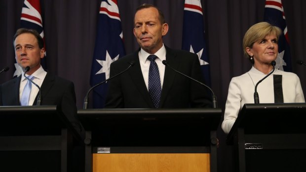 Prime Minister Tony Abbott announced Australia's post-2020 emissions reduction target with Environment Minister Greg Hunt and Foreign Affairs Minister Julie Bishop.