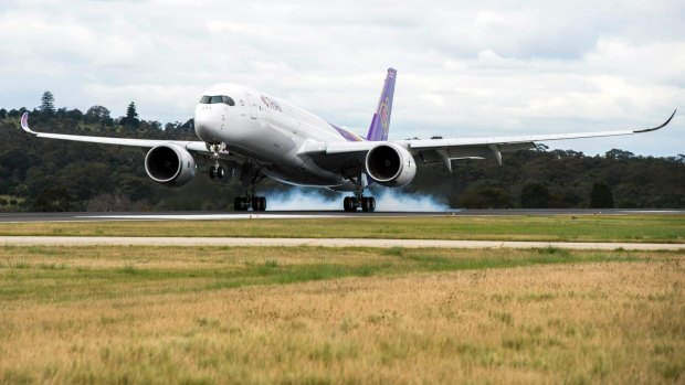 The Thai Airways Airbus A350 arrives in Melbourne for the first time.