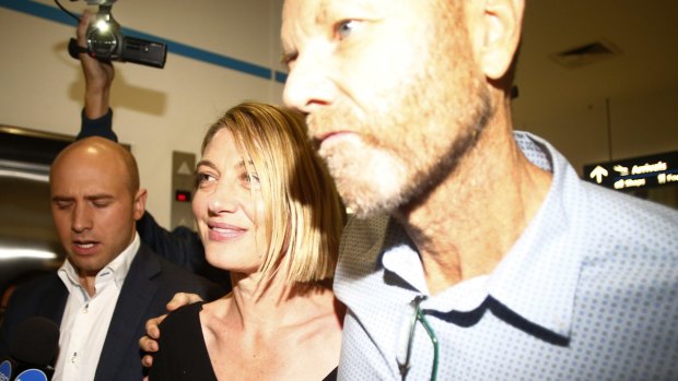 Tara Brown and Stephen Rice arrive at Sydney International Airport after the Beirut saga.