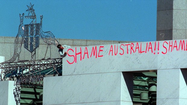 Graffiti on Parliament House in 1999.