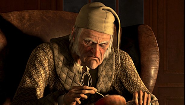 Charles Dickens' Ebenezer Scrooge (played here by Jim Carrey) is the fictional archetype of the miserable rich person.