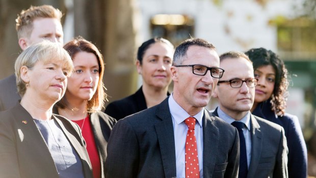 Greens leader Richard Di Natale (centre) with his inner-Melbourne candidates and local MP Adam Bandt.