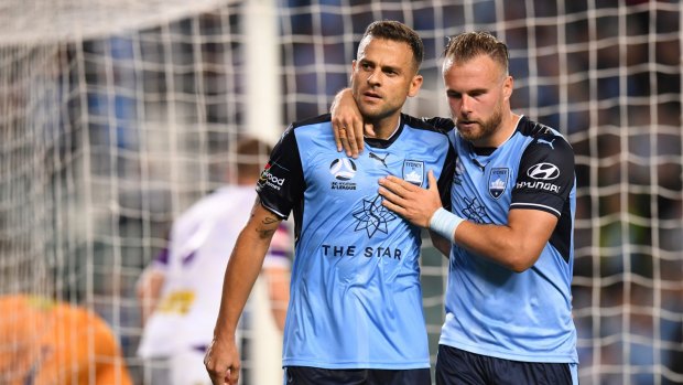 No mistake: Bobo celebrates his goal from the spot with Jordy Buijs.