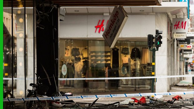 Debris at the scene of the terrorist attack where a truck crashed after driving down a pedestrian street in downtown Stockholm.