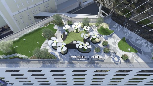 An artist's impression of the Loft Cafe and roof garden at the new Victorian Comprehensive Cancer Centre in Parkville.