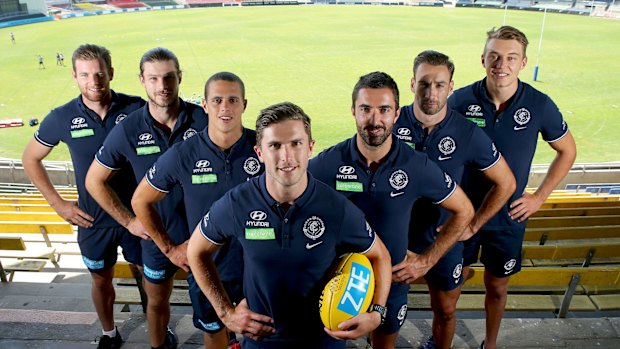 Blues bloods: The new Carlton leadership group (L-R) Sam Docherty, Bryce Gibbs, Ed Curnow, Marc Murphy, Kade Simpson, Andrew Walker and Patrick Cripps.