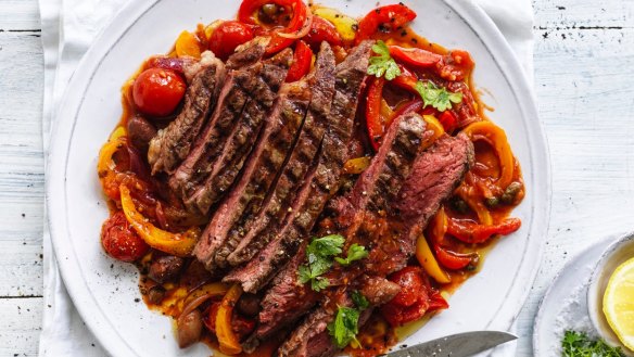 Grilled steak with sweet and sour peperonata.