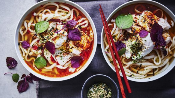 Chicken and miso soup with chilli poached eggs.  