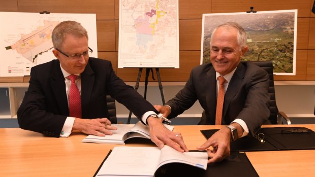 Paul Fletcher and Malcolm Turnbull with the new airport plan earlier this month.