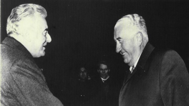 Australian prime minister Gough Whitlam (left) is welcomed by Yugoslav premier Dzemal Bijedic in Belgrade on January 10, 1975.