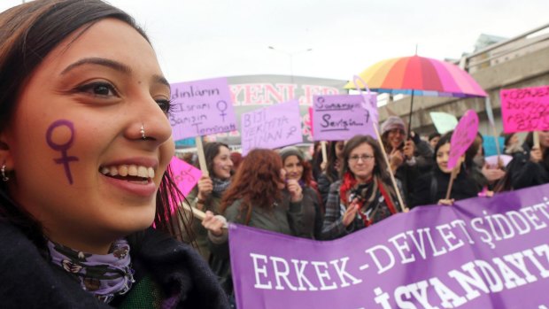 Assertive: Turkish women marching against Islamist violence in Ankara last week. 