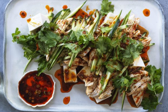 Poached chicken, cucumber and silken tofu salad.