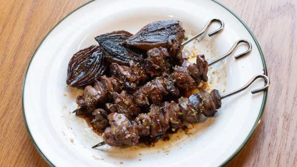 Chicken liver skewers with sweet balsamic onion. 