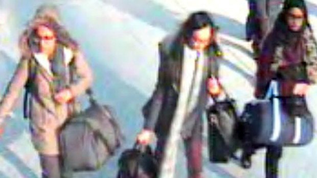 CCTV footage of London school girls, Amira Abase, Kadiza Sultana and Shamima Begum leaving Gatwick Airport to join Islamic State.