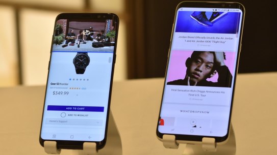 Samsung Galaxy S8 and S8 Plus sit in the Dex dock at the launch event in New York City.