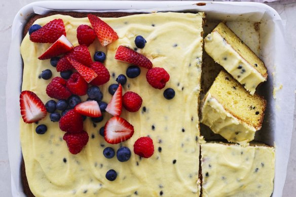 A portable traycake with passionfruit icing.