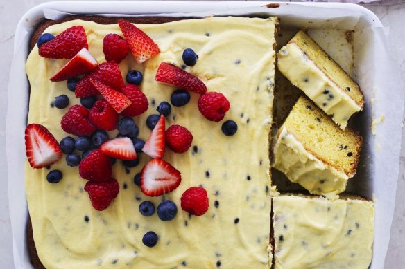 A portable traycake with passionfruit icing.