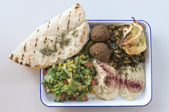 Balagan Kitchen's lunch trays featuring chicken, lamb or roasted veg and falafel with two dips, tabbouleh, pickles and pita are good value.
