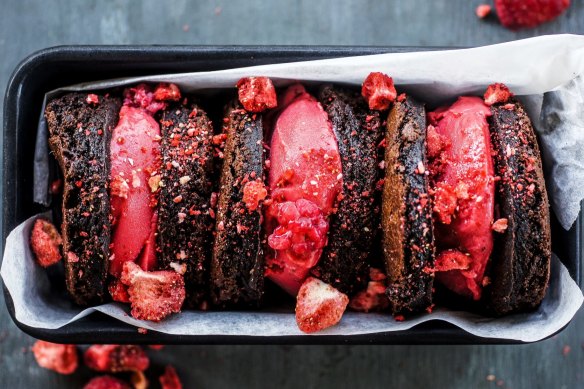 Dark chocolate, olive oil and sea salt brownies sandwiching raspberry sorbet.