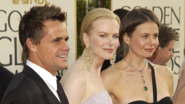 Angus Hawley at the Golden Globes in 2003 on the arm of his ex-wife Antonia and sister-in-law Nicole Kidman.