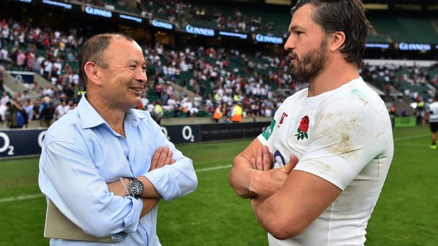 Eddie Jones chats to Wallabies utility Adam Ashley-Cooper after the match between England and The Barbarians at Twickenham last weekend.
