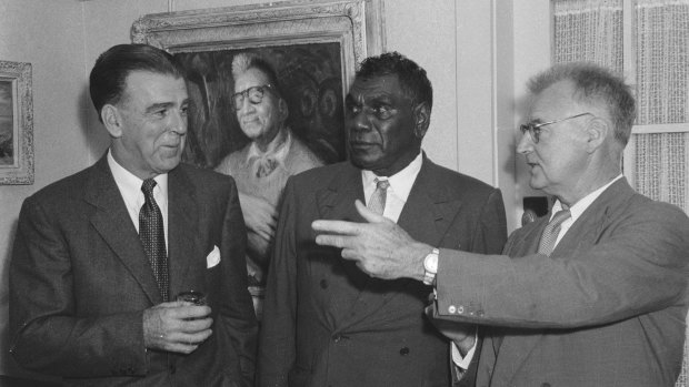 Gallipoli veteran Frank Clune (right) was a strong supporter of artist Albert Namatjira (centre), pictured here at a party at Clune's Vaucluse house with William Dobell in February, 1954.