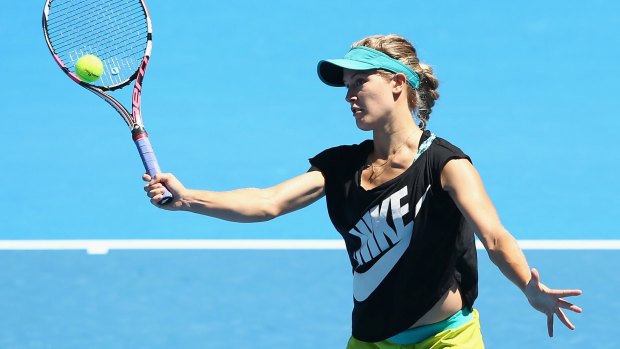 Adjusting to fame: Eugenie Bouchard acclimatises to local conditions during practice at Melbourne Park.