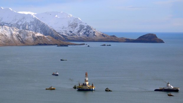 A Shell floating drill rig Kulluk in Kodiak Island,  Alaska's Kiliuda Bay as salvage teams conduct an in-depth assessment of its seaworthiness after it ran aground off an island near Kodiak .