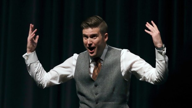 White nationalist Richard Spencer tries to get students to shout louder as they clash during a speech at the University of Florida in Gainesville in October.