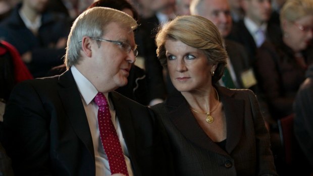 Kevin Rudd and Julie Bishop in 2011. Ms Bishop says the government will consider supporting Mr Rudd's bid to become UN Secretary-General if he nominates.