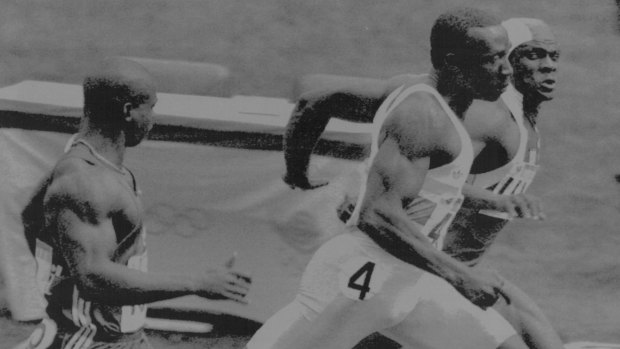 Dennis Mitchell (far right), races Canada's Ben Johnson (left)  and Britain's Linford Christie (centre) at the Seoul Games in 1988.