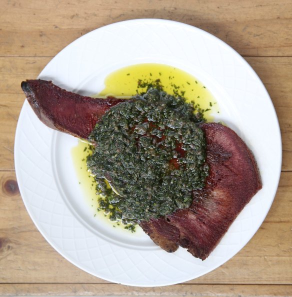 Grilled beef tongue with a perky salsa verde.