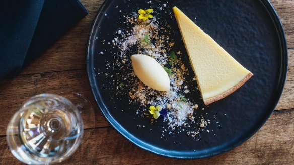 Lemon and buttermilk tart with cornmeal crust and lemon sorbet.