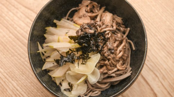 Soba noodles, nashi and pickled mushrooms.