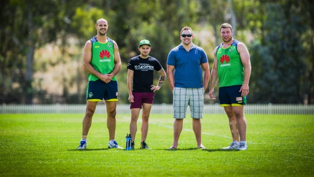 Raiders player Dane Tilse, world champion Josh Tonna, Ben Edwards, and Raiders player Shannon Boyd.

The Canberra Times.

Photo Jamila Toderas