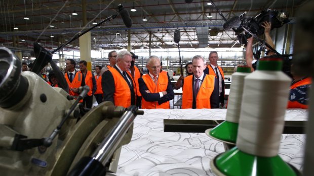 Prime Minister Malcolm Turnbull visited the A.H. Beard mattress factory in Bankstown.
