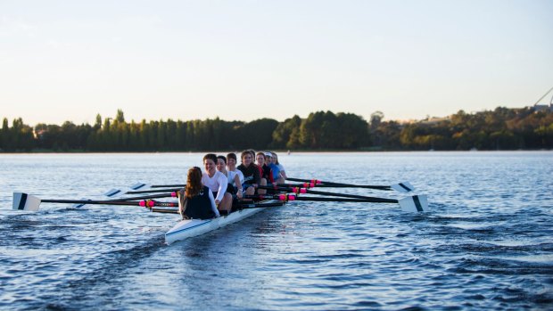 Rowers enjoying their sport on the waters of Lake Burley Griffin.