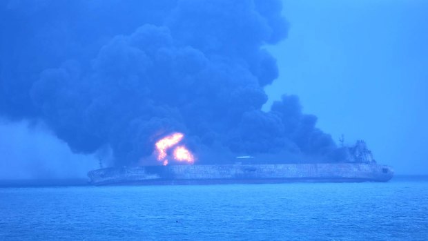 In this photo provided by Korea Coast Guard, the Panama-registered tanker Sanchi is seen ablaze after a collision with a freighter off China's eastern coast.
