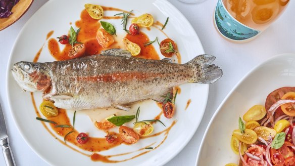 Pan-fried Noojee rainbow trout with brown butter, lemon, and tomato.